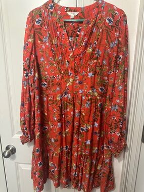 a new day Red Floral Long Sleeve Tiered Pintuck Dress